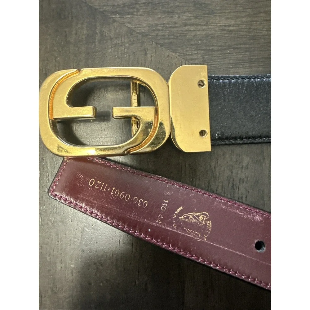 VINTAGE 1970's GUCCI Reversable Black And Red Leather Gold G Buckle Belt